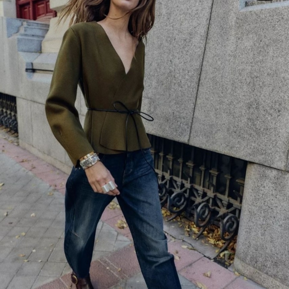 NWT Zara Belted Tie-Waist Open Front Cardigan Sweater In Khaki Green - S